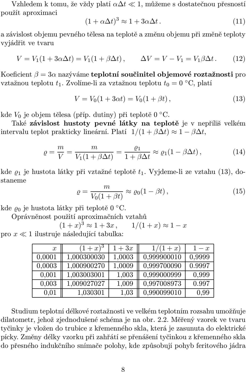 (12) Koeficient β = 3α nazýváme teplotní součinitel objemové roztažnosti pro vztažnouteplotu t 1.Zvolíme-lizavztažnouteplotu t 0 =0 C,platí V= V 0 (1+3αt)=V 0 (1+βt), (13) kde V 0 jeobjemtělesa(příp.