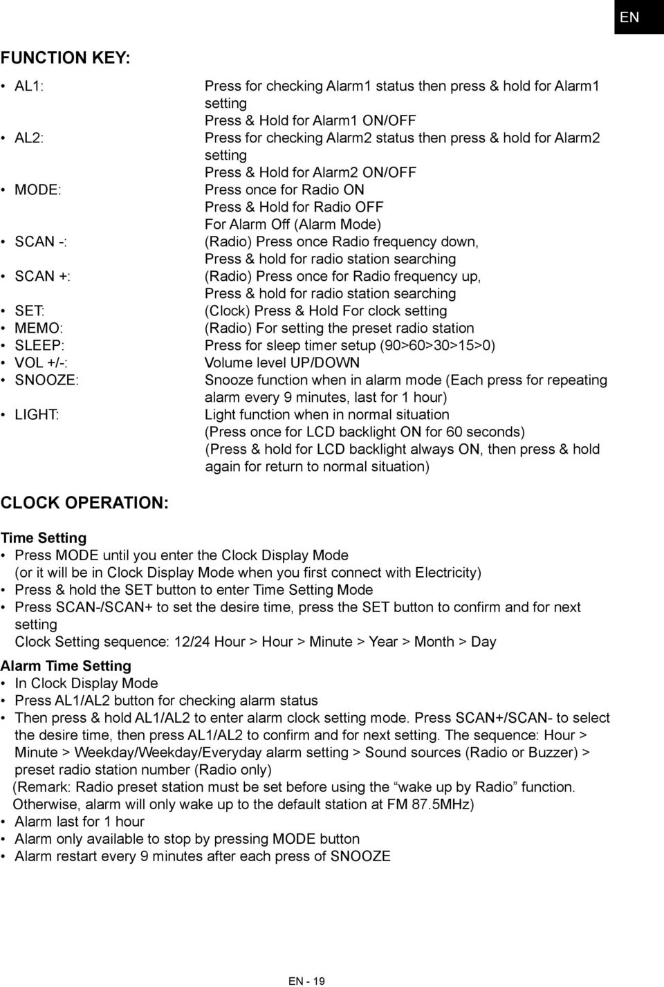 station searching (Radio) Press once for Radio frequency up, Press & hold for radio station searching (Clock) Press & Hold For clock setting (Radio) For setting the preset radio station SET: MEMO: