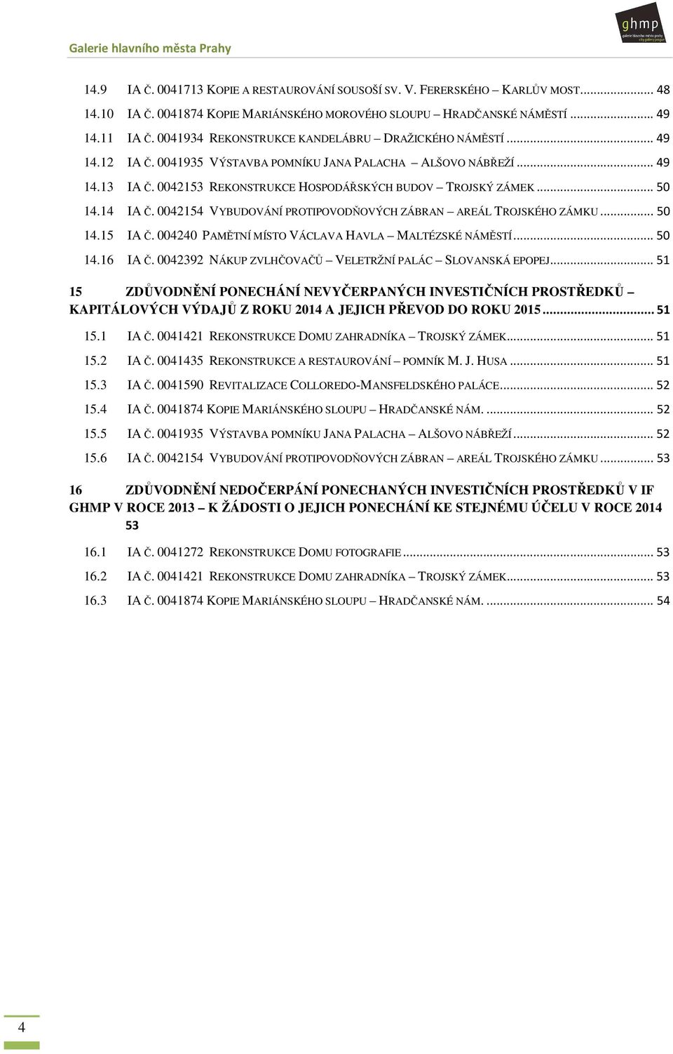 .. 50 14.14 IA Č. 0042154 VYBUDOVÁNÍ PROTIPOVODŇOVÝCH ZÁBRAN AREÁL TROJSKÉHO ZÁMKU... 50 14.15 IA Č. 004240 PAMĚTNÍ MÍSTO VÁCLAVA HAVLA MALTÉZSKÉ NÁMĚSTÍ... 50 14.16 IA Č.