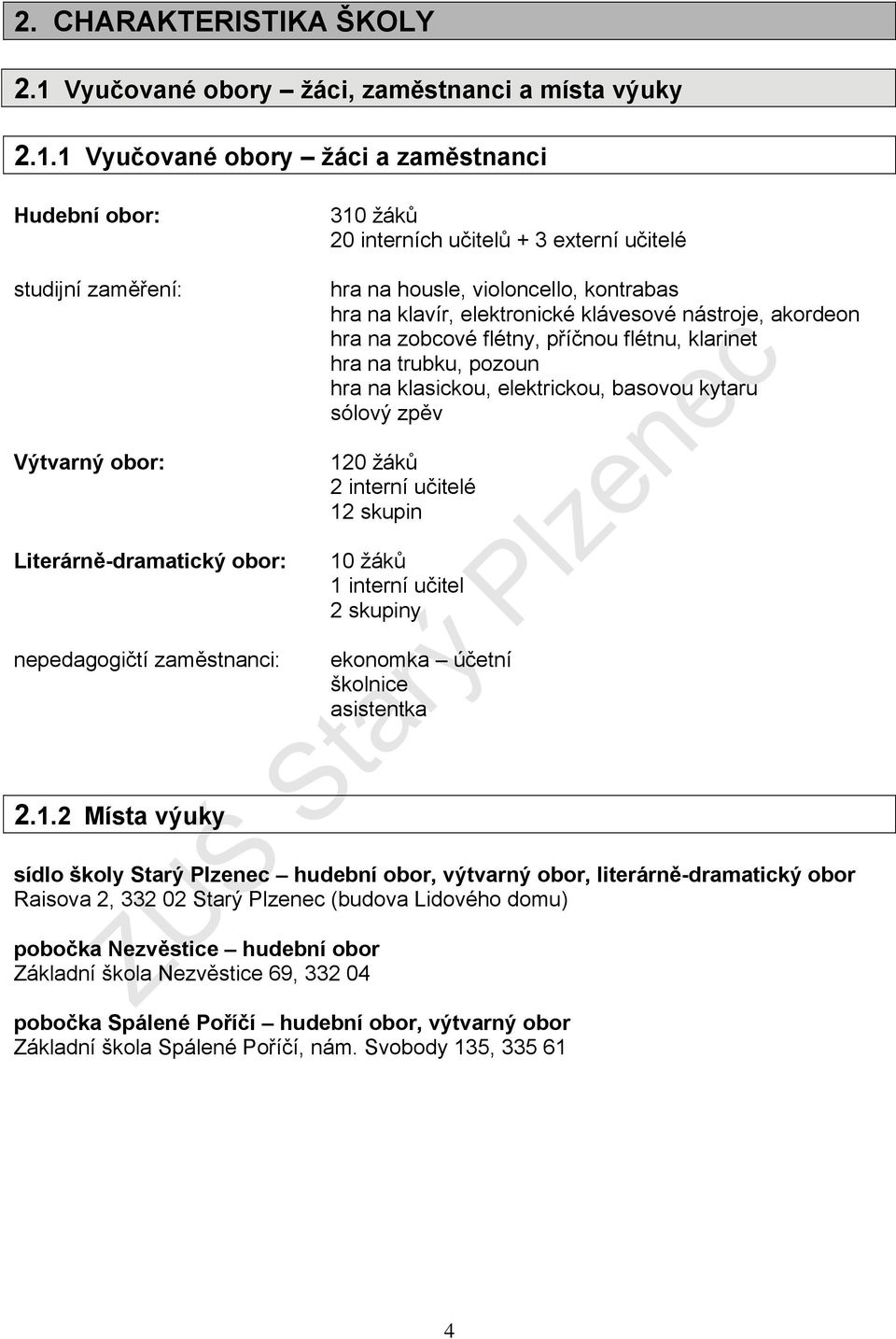 1 Vyučované obory žáci a zaměstnanci Hudební obor: 310 ů 20 interních učitelů + 3 externí učitelé studijní zaměření: Výtvarný obor: Literárně-dramatický obor: nepedagogičtí zaměstnanci: 2.1.2 Místa