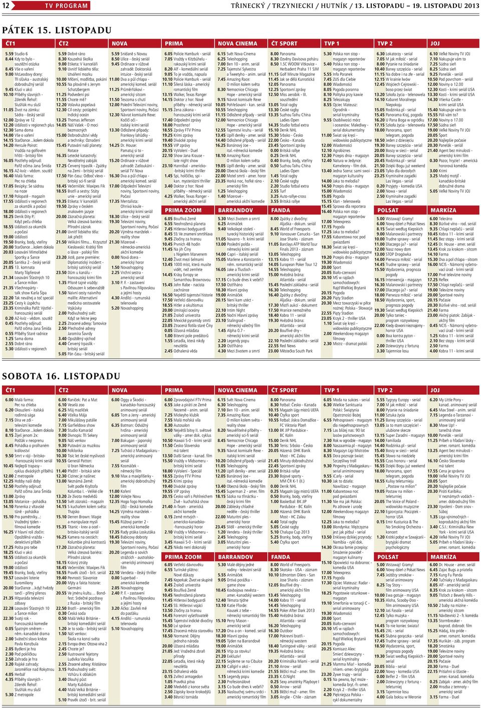 05 Život na zámku: Sádra - český seriál 12.00 Zprávy ve 12 12.20 Události v regionech plus 12.30 Sama doma 14.00 Vše o vaření 14.15 StarDance...kolem dokola 14.