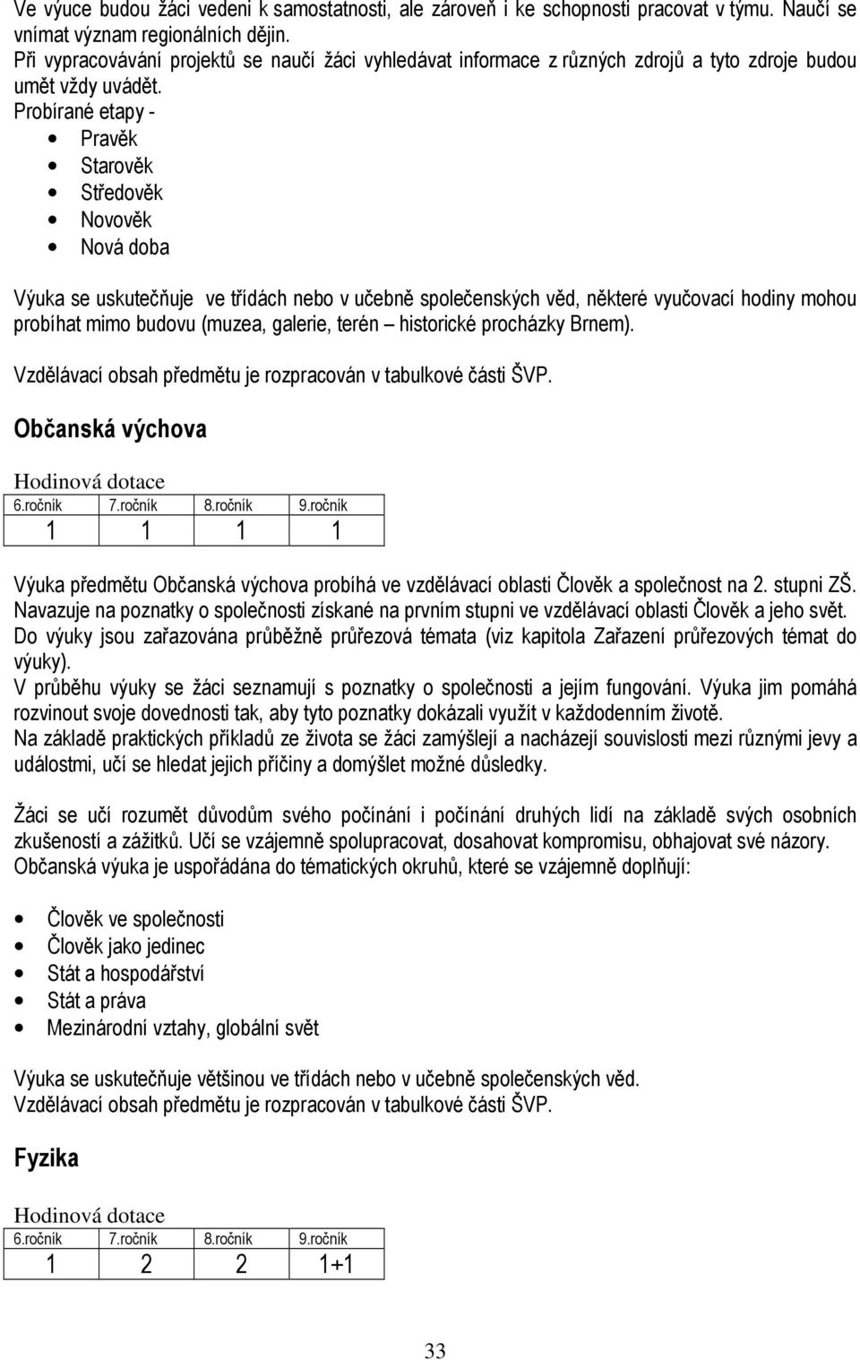 Probírané etapy - Pravěk Starověk Středověk Novověk Nová doba Výuka se uskutečňuje ve třídách nebo v učebně společenských věd, některé vyučovací hodiny mohou probíhat mimo budovu (muzea, galerie,