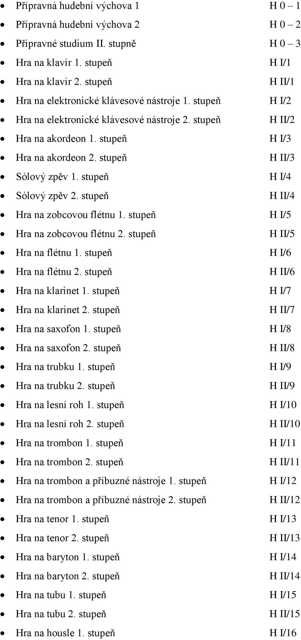 stupeň H II/3 Sólový zpěv 1. stupeň H I/4 Sólový zpěv 2. stupeň H II/4 Hra na zobcovou flétnu 1. stupeň H I/5 Hra na zobcovou flétnu 2. stupeň H II/5 Hra na flétnu 1. stupeň H I/6 Hra na flétnu 2.