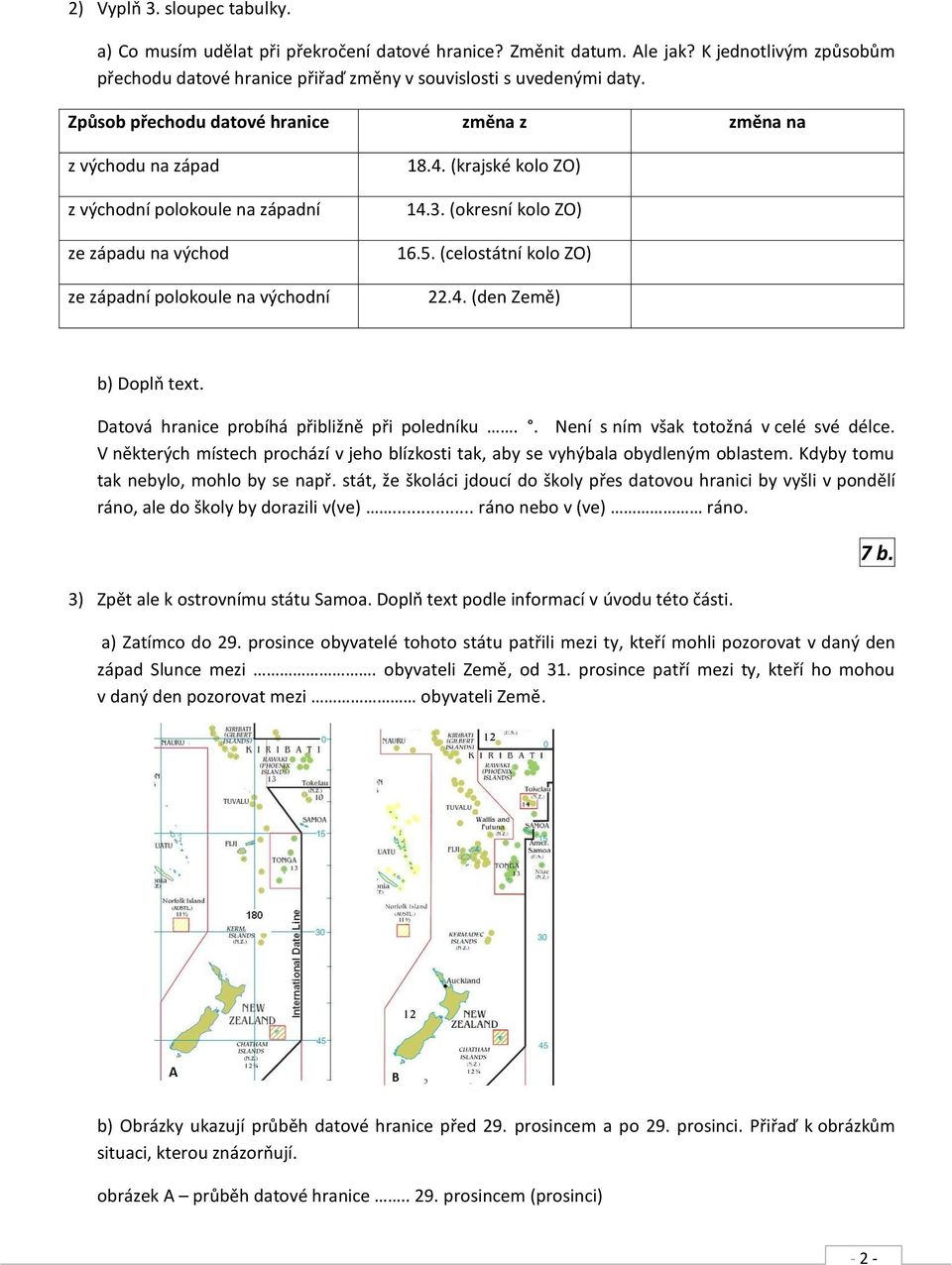 (okresní kolo ZO) 16.5. (celostátní kolo ZO) 22.4. (den Země) b) Doplň text. Datová hranice probíhá přibližně při poledníku.. Není s ním však totožná v celé své délce.