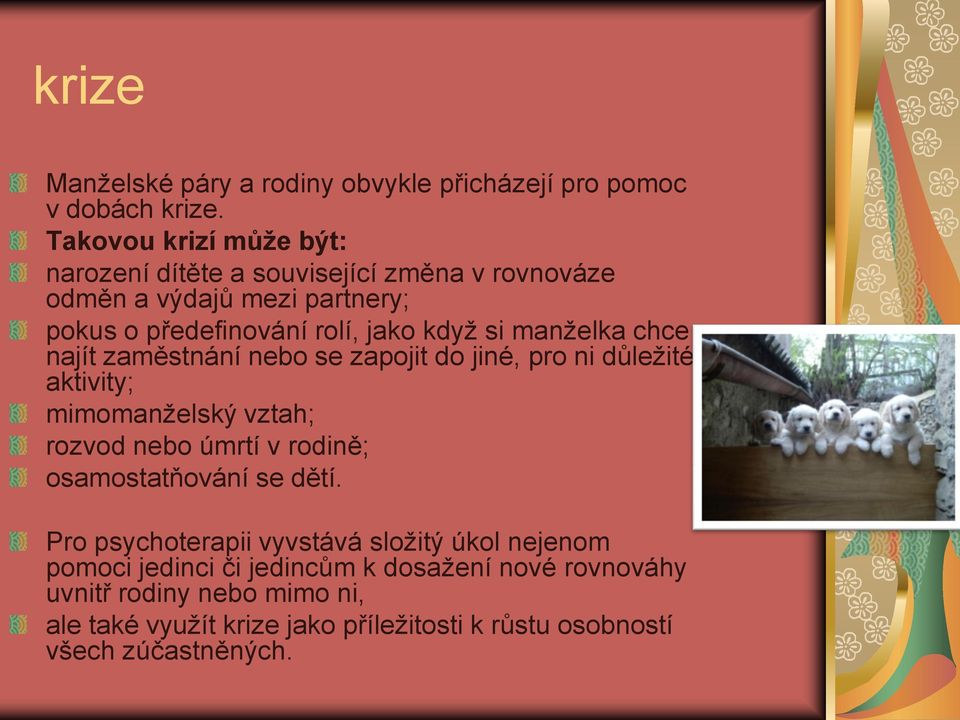 manţelka chce najít zaměstnání nebo se zapojit do jiné, pro ni důleţité aktivity; mimomanţelský vztah; rozvod nebo úmrtí v rodině;