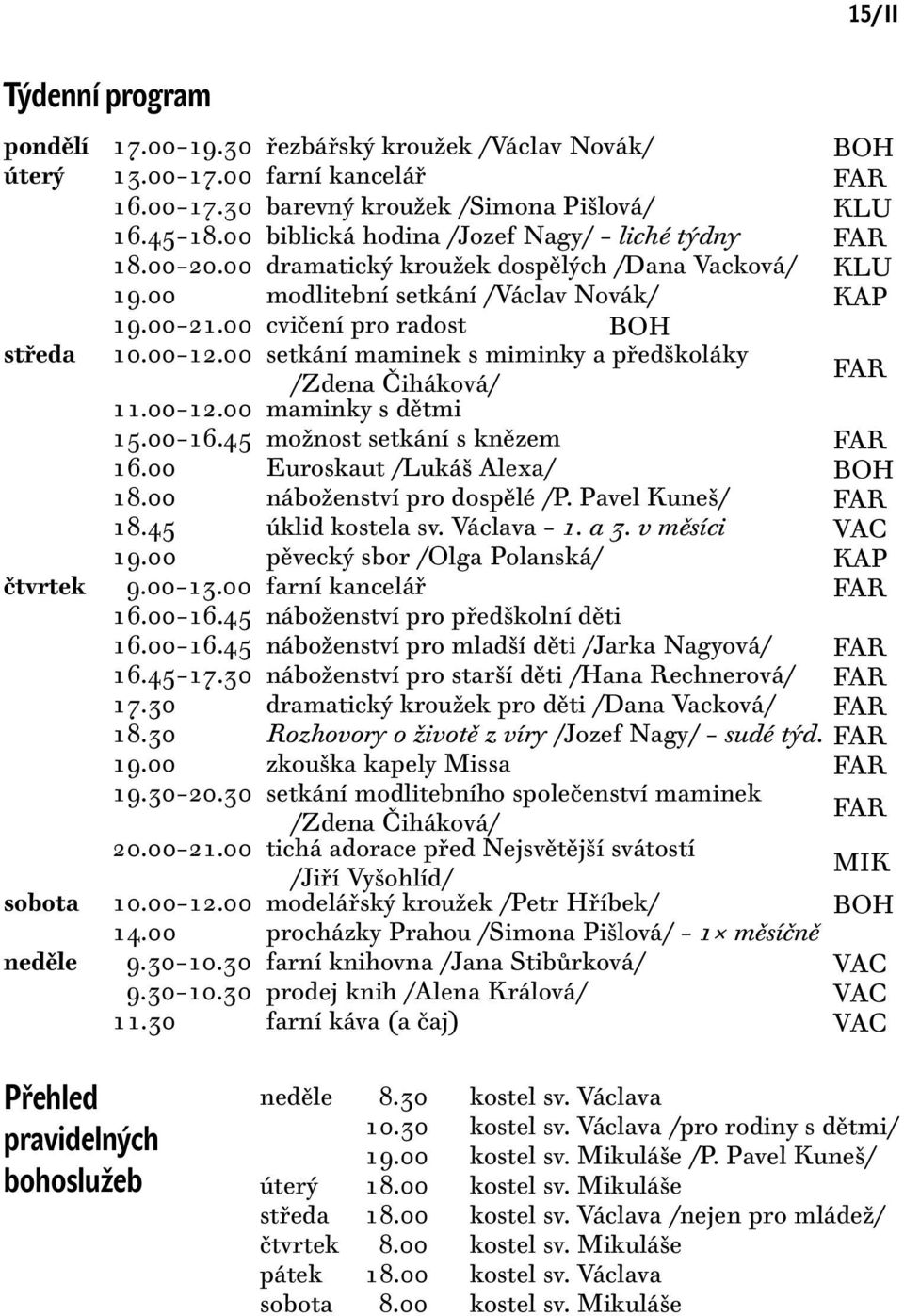 00 setkání maminek s miminky a předškoláky /Zdena Čiháková/ 11.00 12.00 maminky s dětmi 15.00 16.45 možnost setkání s knězem 16.00 Euroskaut /Lukáš Alexa/ BOH 18.00 náboženství pro dospělé /P.