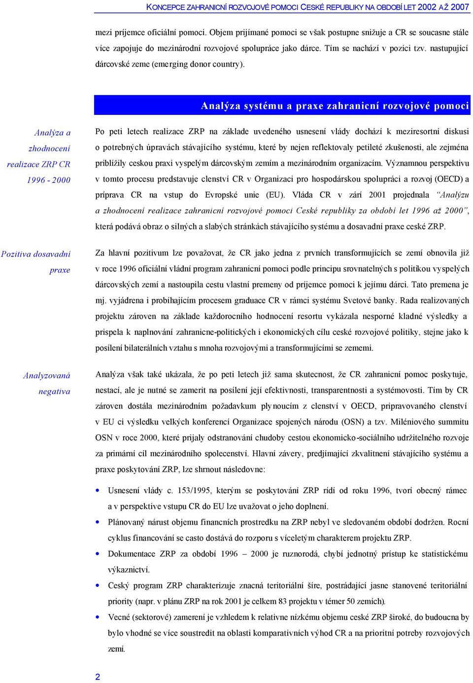 Analýza systému a praxe zahranicní rozvojové pomoci Analýza a zhodnocení realizace ZRP CR 1996-2000 Po peti letech realizace ZRP na základe uvedeného usnesení vlády dochází k meziresortní diskusi o