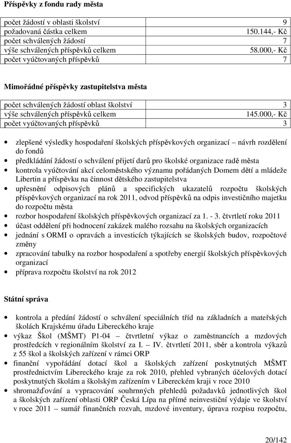 000,- Kč počet vyúčtovaných příspěvků 3 zlepšené výsledky hospodaření školských příspěvkových organizací návrh rozdělení do fondů předkládání žádostí o schválení přijetí darů pro školské organizace