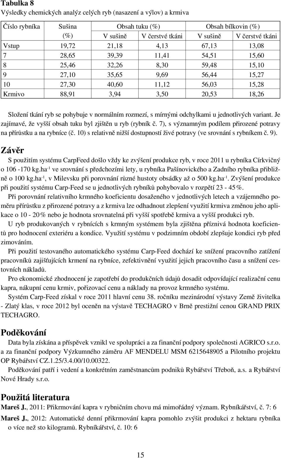 ryb se pohybuje v normálním rozmezí, s mírnými odchylkami u jednotlivých variant. Je zajímavé, že vyšší obsah tuku byl zjištěn u ryb (rybník č.