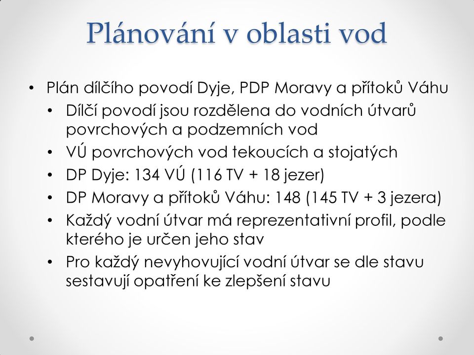 + 18 jezer) DP Moravy a přítoků Váhu: 148 (145 TV + 3 jezera) Každý vodní útvar má reprezentativní profil,