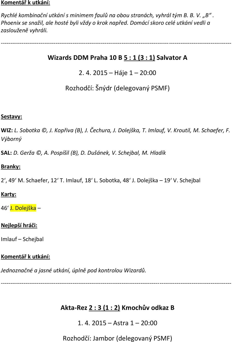 2015 Háje 1 20:00 Rozhodčí: Šnýdr (delegovaný PSMF) Sestavy: WIZ: L. Sobotka, J. Kopřiva (B), J. Čechura, J. Dolejška, T. Imlauf, V. Kroutil, M. Schaefer, F. Výborný SAL: D. Gerža, A. Pospíšil (B), D.