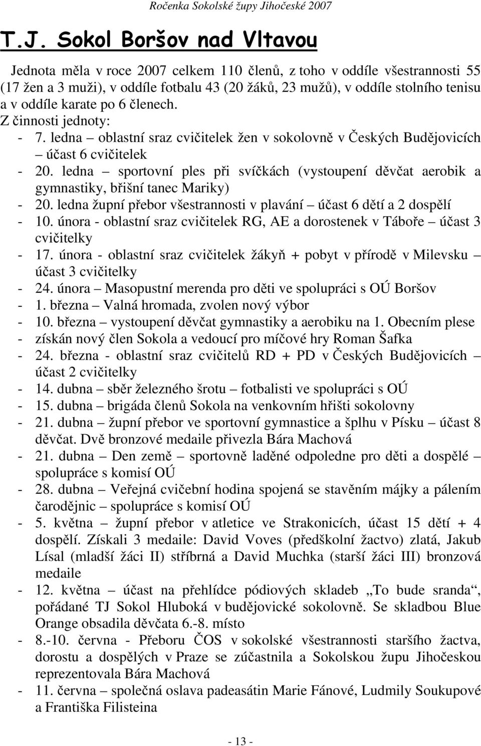 ledna sportovní ples při svíčkách (vystoupení děvčat aerobik a gymnastiky, břišní tanec Mariky) - 20. ledna župní přebor všestrannosti v plavání účast 6 dětí a 2 dospělí - 10.