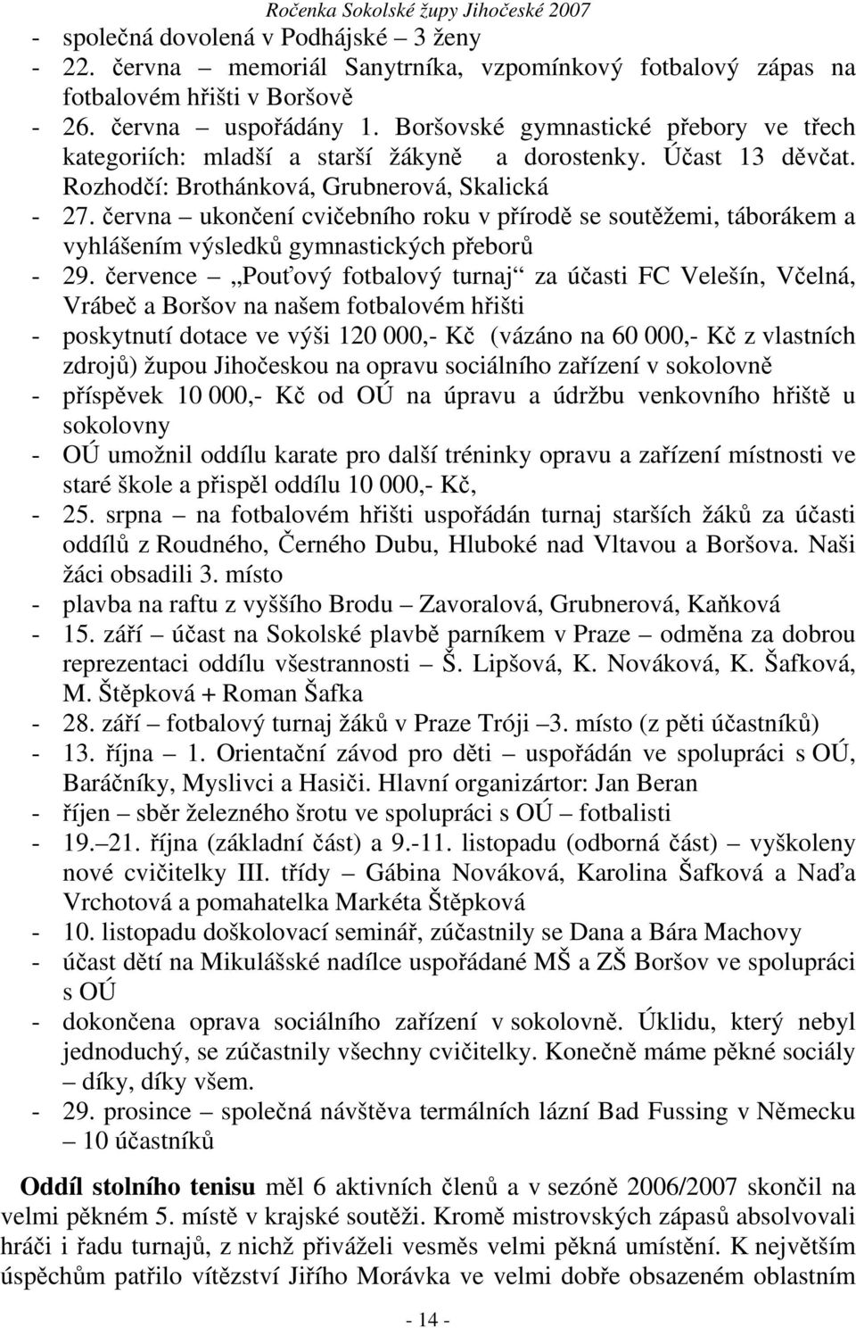 června ukončení cvičebního roku v přírodě se soutěžemi, táborákem a vyhlášením výsledků gymnastických přeborů - 29.