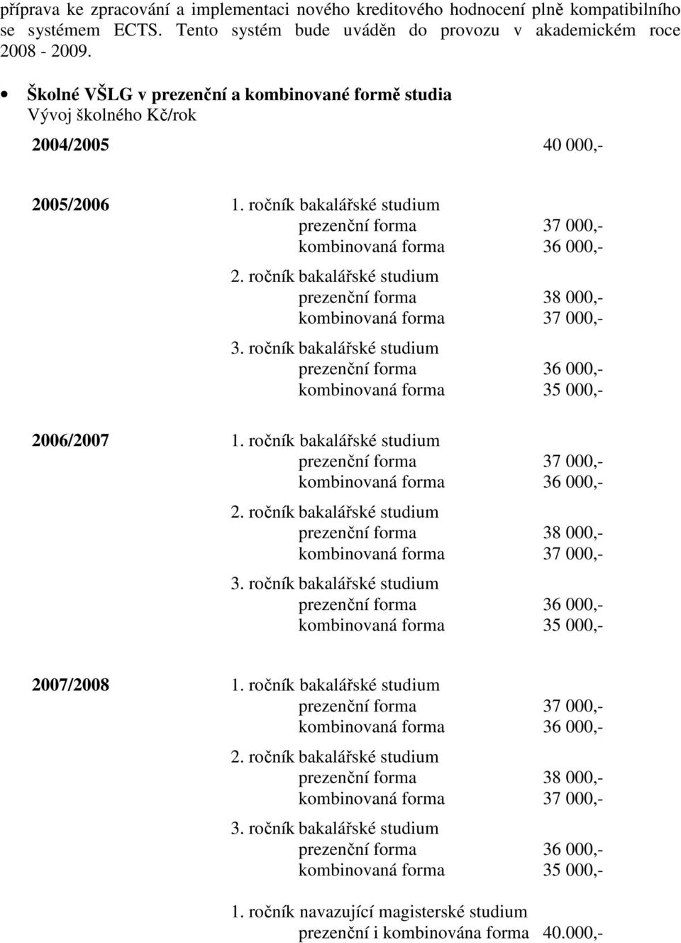 ročník bakalářské studium prezenční forma 38 000,- kombinovaná forma 37 000,- 3. ročník bakalářské studium prezenční forma 36 000,- kombinovaná forma 35 000,- 2006/2007 1.