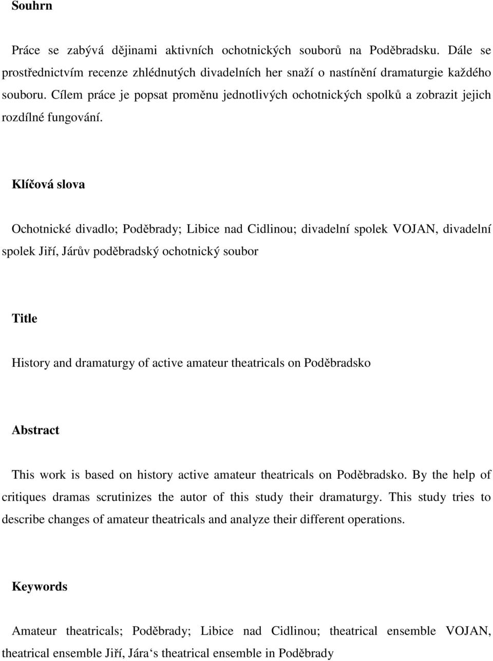 Klíčová slova Ochotnické divadlo; Poděbrady; Libice nad Cidlinou; divadelní spolek VOJAN, divadelní spolek Jiří, Járův poděbradský ochotnický soubor Title History and dramaturgy of active amateur