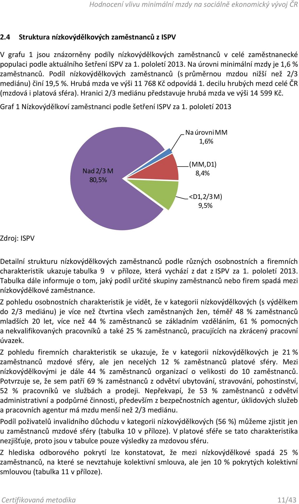 decilu hrubých mezd celé ČR (mzdová i platová sféra). Hranici 2/3 mediánu představuje hrubá mzda ve výši 14 599 Kč. Graf 1 Nízkovýdělkoví zaměstnanci podle šetření ISPV za 1.