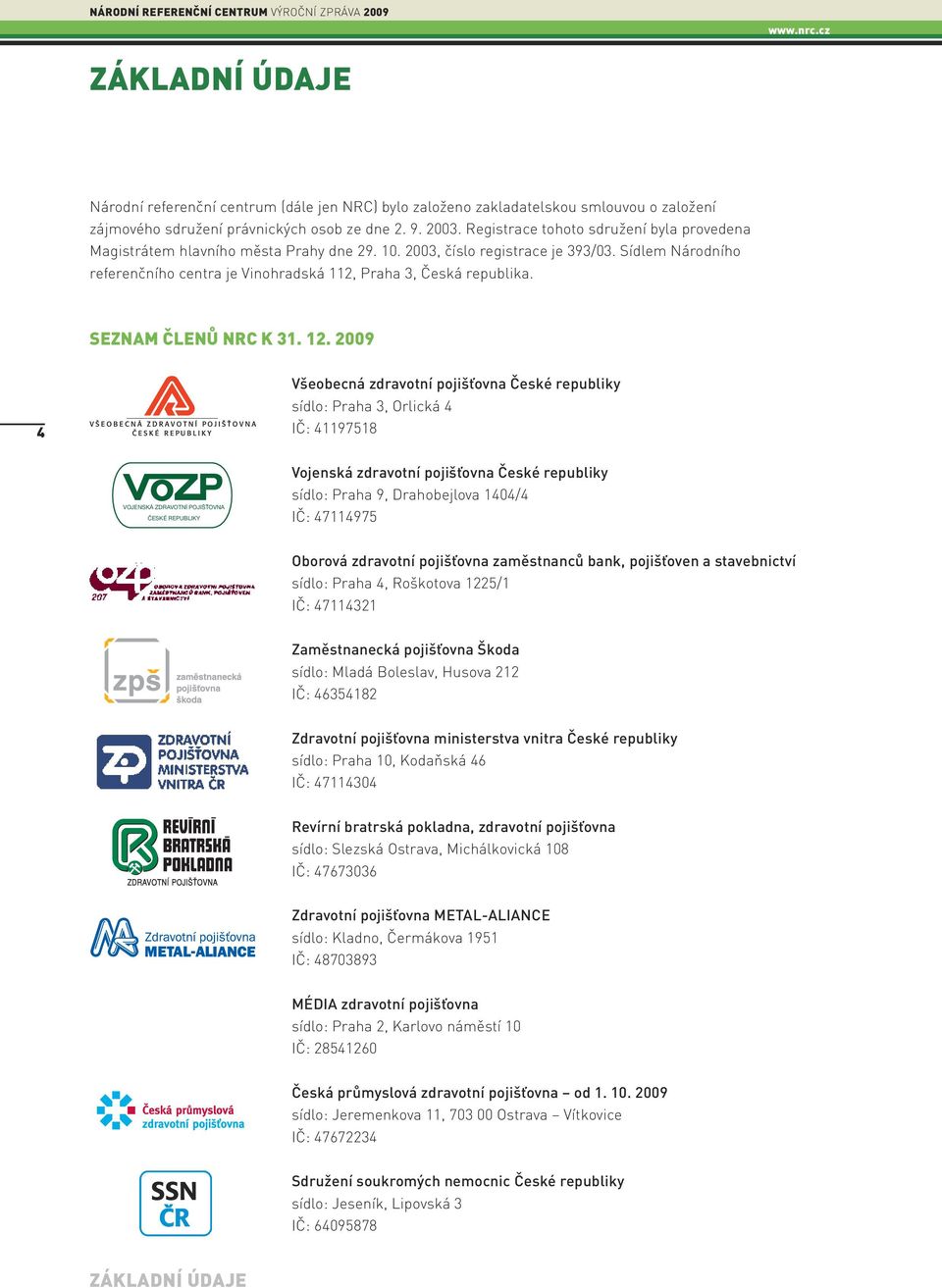 Sídlem Národního referenčního centra je Vinohradská 112, Praha 3, Česká republika. SEZNAM ČLENŮ NRC K 31. 12.