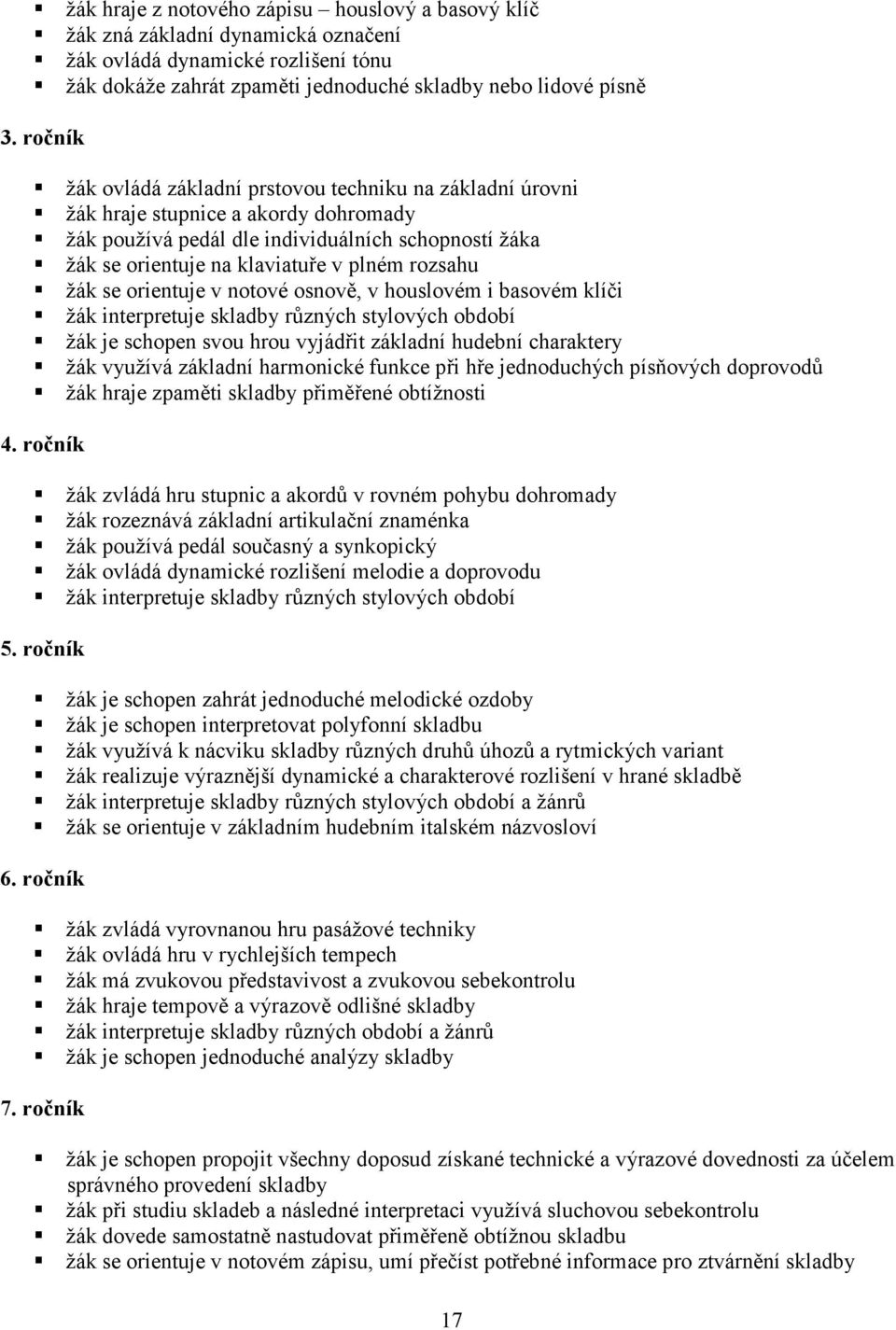 rozsahu žák se orientuje v notové osnově, v houslovém i basovém klíči žák interpretuje skladby různých stylových období žák je schopen svou hrou vyjádřit základní hudební charaktery žák využívá