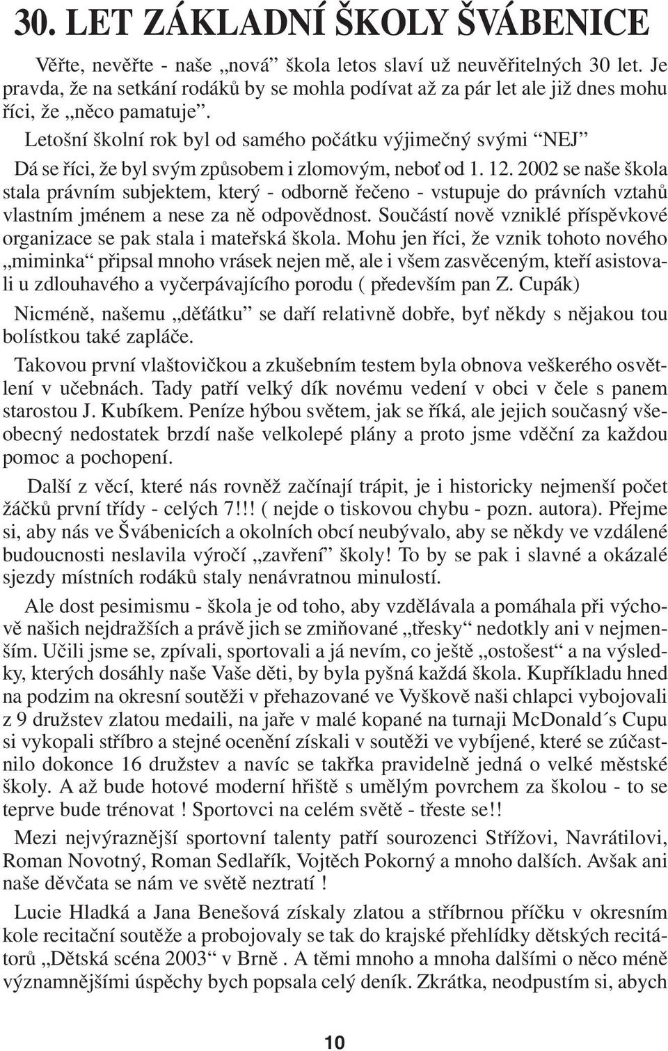 Letošní školní rok byl od samého počátku výjimečný svými NEJ Dá se říci, že byl svým způsobem i zlomovým, neboť od 1. 12.