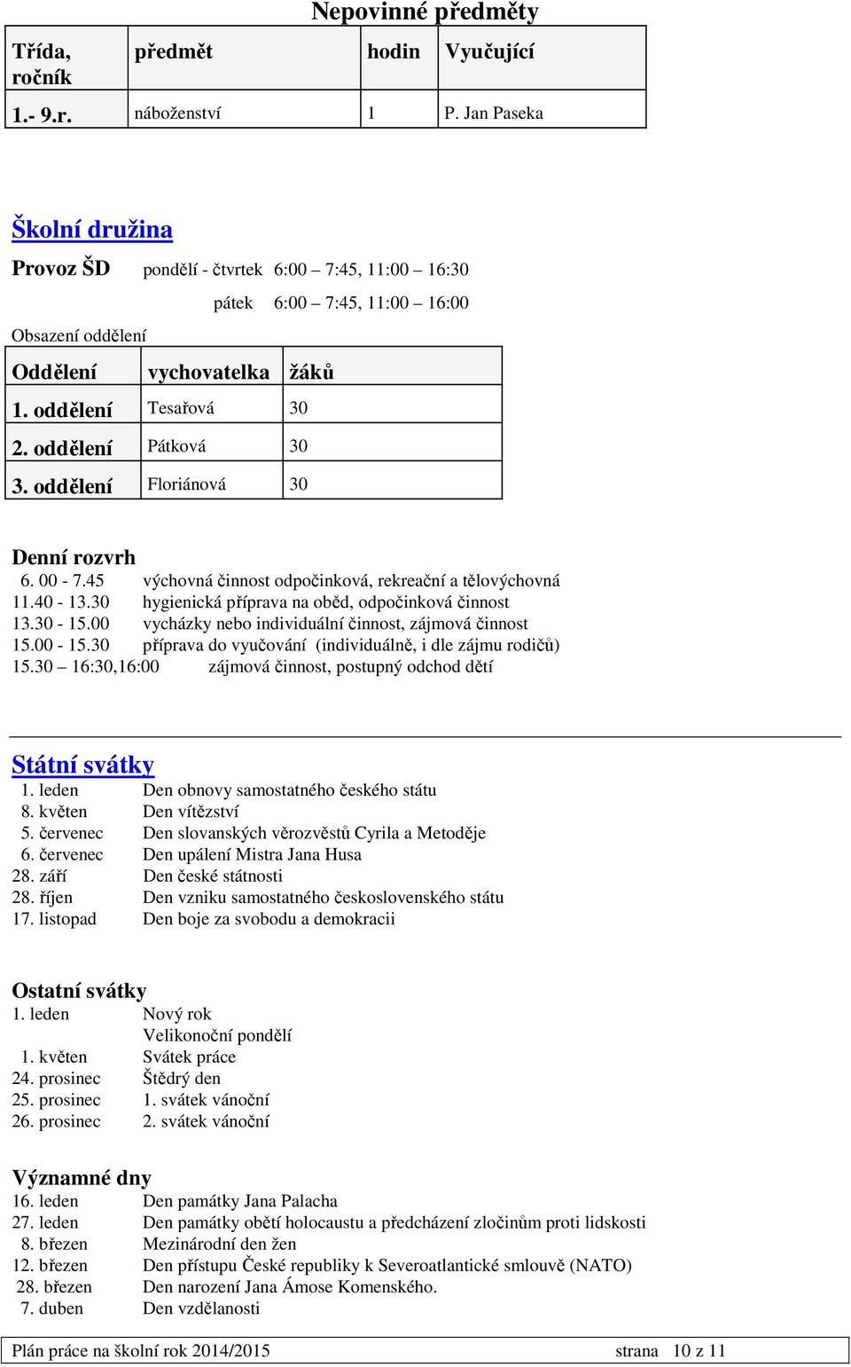 oddělení Floriánová 30 Denní rozvrh 6. 00-7.45 výchovná činnost odpočinková, rekreační a tělovýchovná 11.40-13.30 hygienická příprava na oběd, odpočinková činnost 13.30-15.