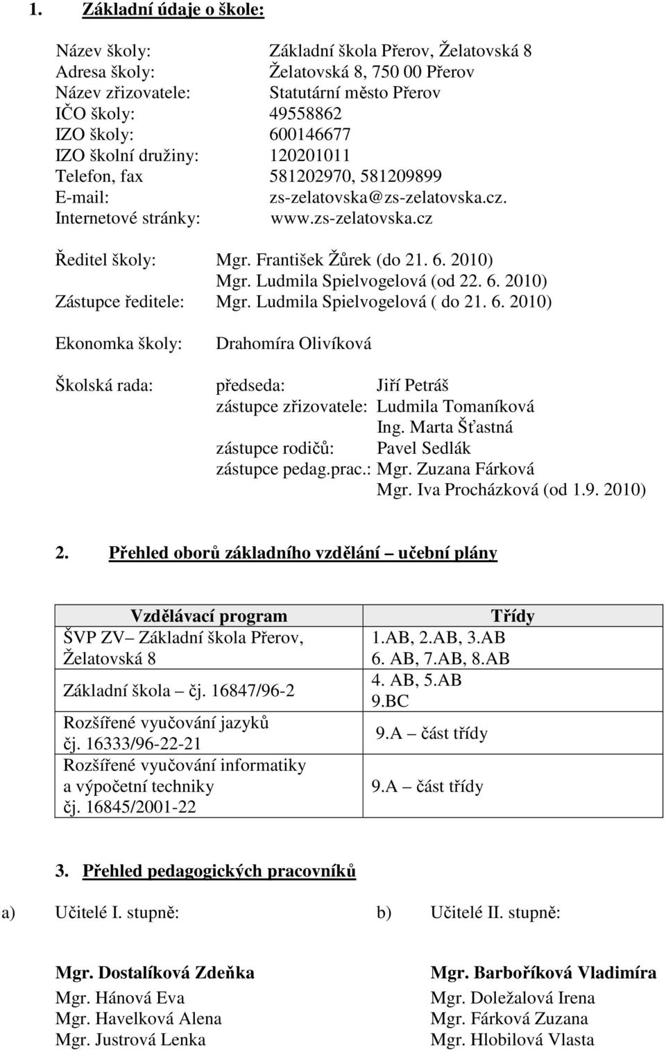 6. 2010) Mgr. Ludmila Spielvogelová (od 22. 6. 2010) Zástupce ředitele: Mgr. Ludmila Spielvogelová ( do 21. 6. 2010) Ekonomka školy: Drahomíra Olivíková Školská rada: předseda: Jiří Petráš zástupce zřizovatele: Ludmila Tomaníková Ing.