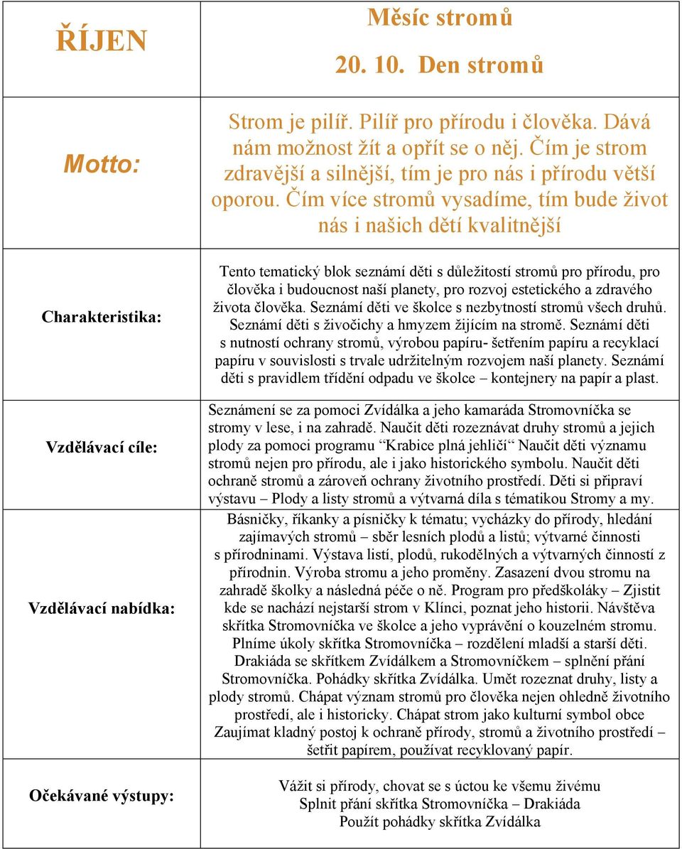 estetického a zdravého života člověka. Seznámí děti ve školce s nezbytností stromů všech druhů. Seznámí děti s živočichy a hmyzem žijícím na stromě.