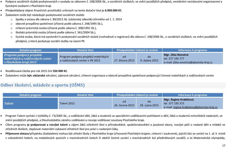 Předpokládaný objem finančních prostředků určených na tento tační titul je 6.900.000 Kč. Žadatelem může být následující poskytovatel sociálních služeb: o Spolky a ústavy dle zákona č. 89/2012 Sb.