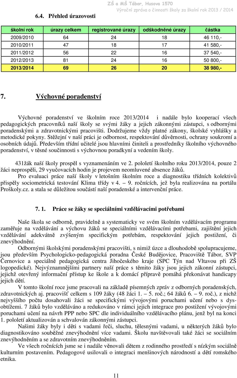 Výchovné poradenství Výchovné poradenství ve školním roce 2013/2014 i nadále bylo kooperací všech pedagogických pracovníků naší školy se svými žáky a jejich zákonnými zástupci, s odbornými