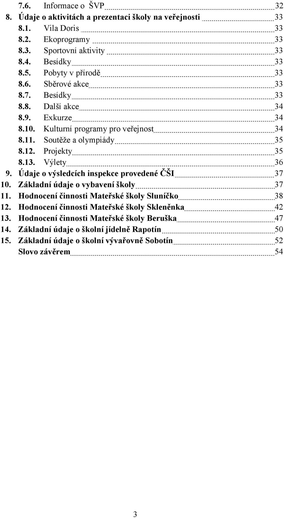 Projekty 35 8.13. Výlety 36 9. Údaje o výsledcích inspekce provedené ČŠI 37 10. Základní údaje o vybavení školy 37 11. Hodnocení činnosti Mateřské školy Sluníčko 38 12.