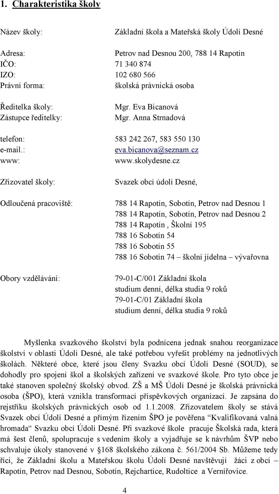 cz Zřizovatel školy: Svazek obcí údolí Desné, Odloučená pracoviště: 788 14 Rapotín, Sobotín, Petrov nad Desnou 1 788 14 Rapotín, Sobotín, Petrov nad Desnou 2 788 14 Rapotín, Školní 195 788 16 Sobotín