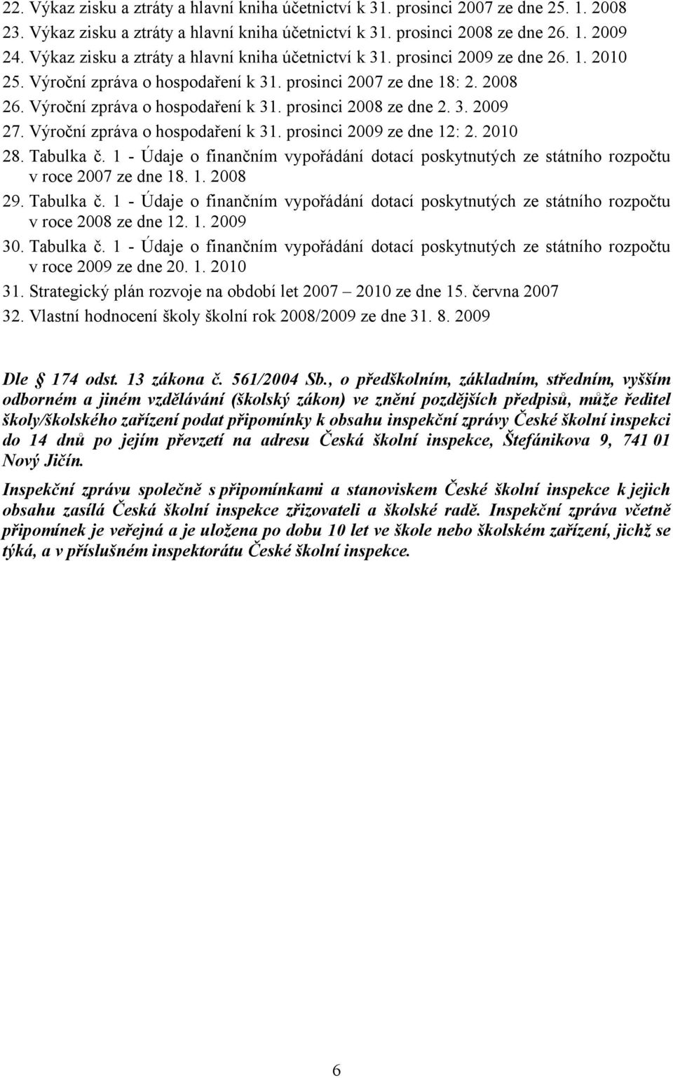 3. 2009 27. Výroční zpráva o hospodaření k 31. prosinci 2009 ze dne 12: 2. 2010 28. Tabulka č. 1 - Údaje o finančním vypořádání dotací poskytnutých ze státního rozpočtu v roce 2007 ze dne 18. 1. 2008 29.