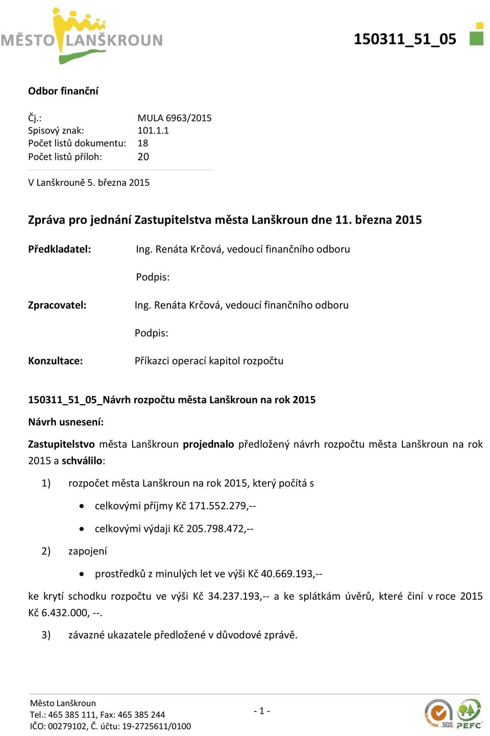 Renáta Krčová, vedoucí finančního odboru Podpis: Konzultace: Příkazci operací kapitol rozpočtu 150311_51_05_Návrh rozpočtu města Lanškroun na rok 2015 Návrh usnesení: Zastupitelstvo města Lanškroun