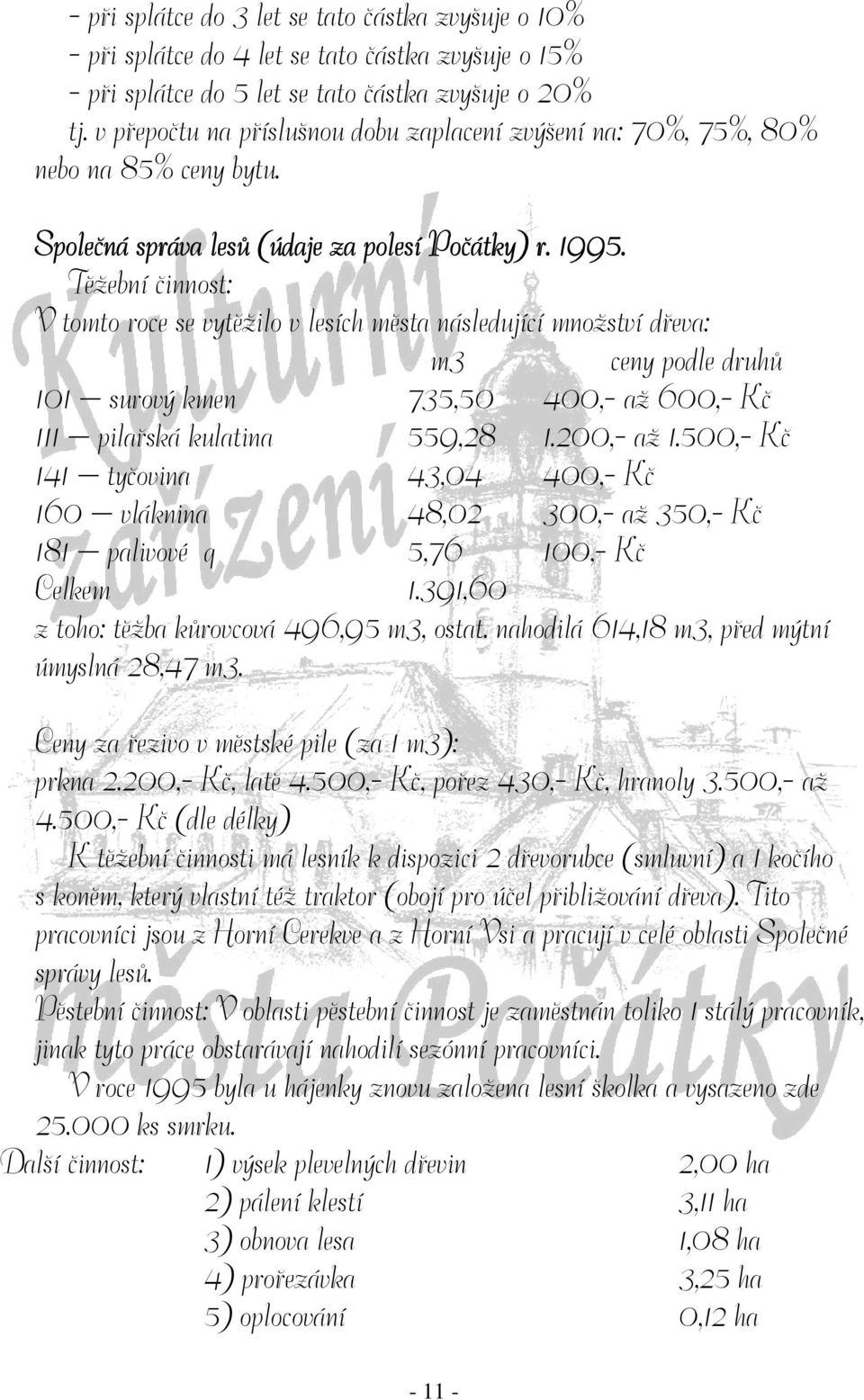 Těžební činnost: V tomto roce se vytěžilo v lesích města následující množství dřeva: m3 ceny podle druhů 101 surový kmen 735,50 400,- až 600,- Kč 111 pilařská kulatina 559,28 1.200,- až 1.