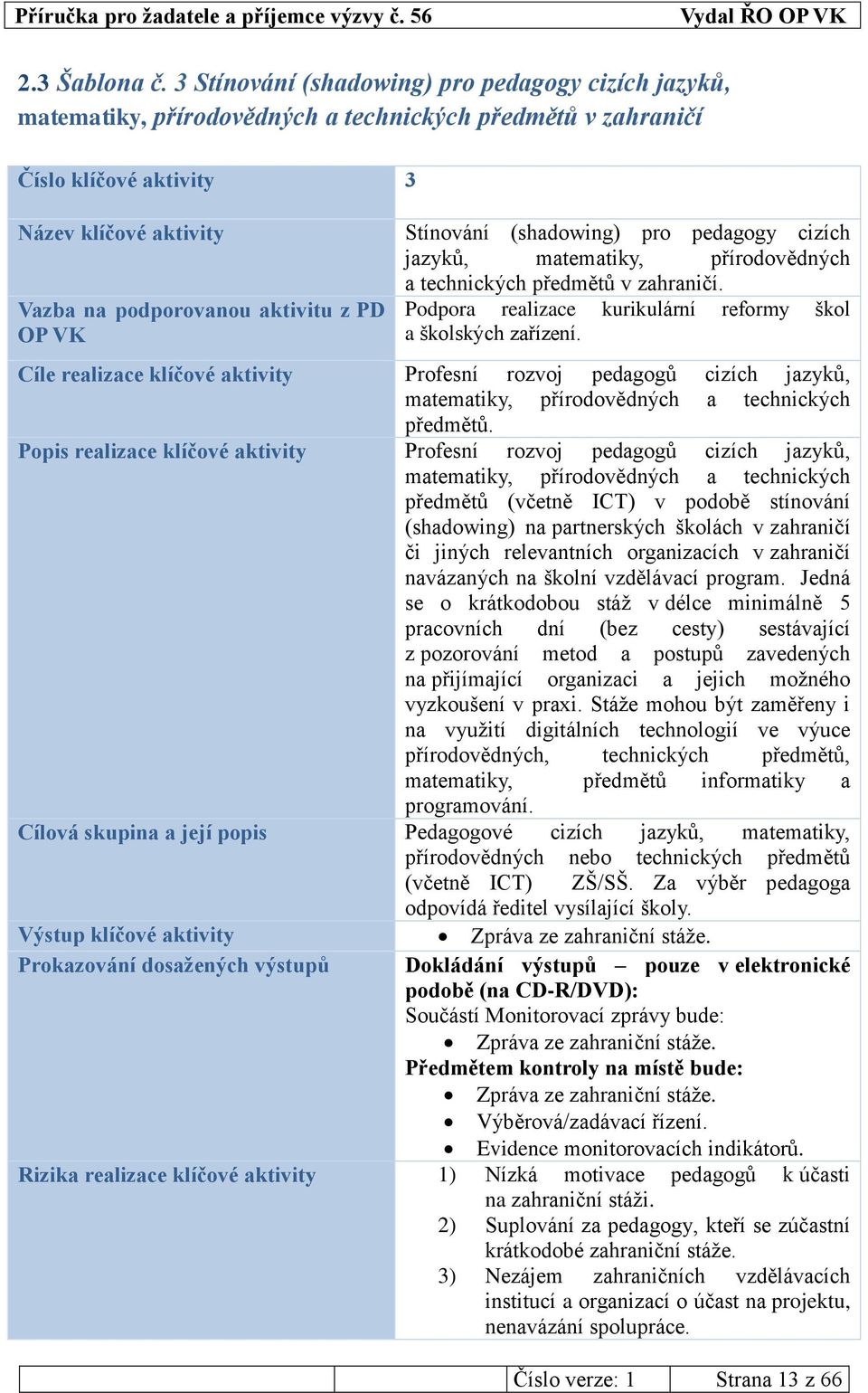 OP VK Stínování (shadowing) pro pedagogy cizích jazyků, matematiky, přírodovědných a technických předmětů v zahraničí. Podpora realizace kurikulární reformy škol a školských zařízení.