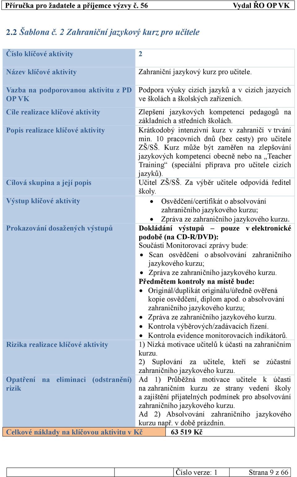 Cíle realizace klíčové aktivity Zlepšení jazykových kompetencí pedagogů na základních a středních školách. Popis realizace klíčové aktivity Krátkodobý intenzivní kurz v zahraničí v trvání min.