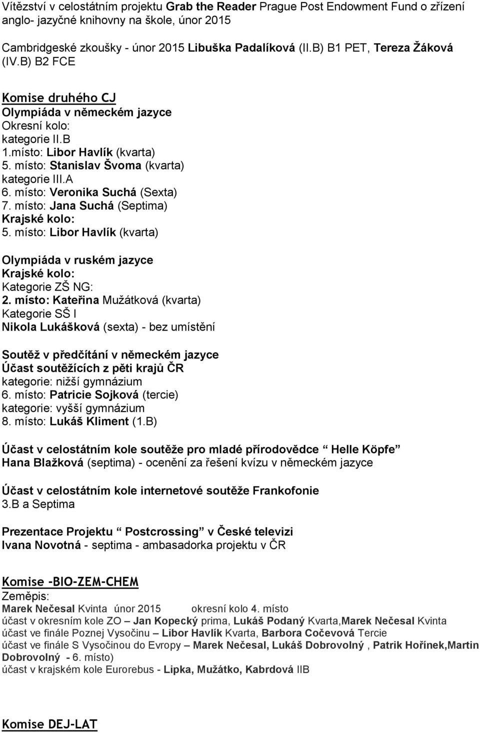 místo: Veronika Suchá (Sexta) 7. místo: Jana Suchá (Septima) Krajské kolo: 5. místo: Libor Havlík (kvarta) Olympiáda v ruském jazyce Krajské kolo: Kategorie ZŠ NG: 2.