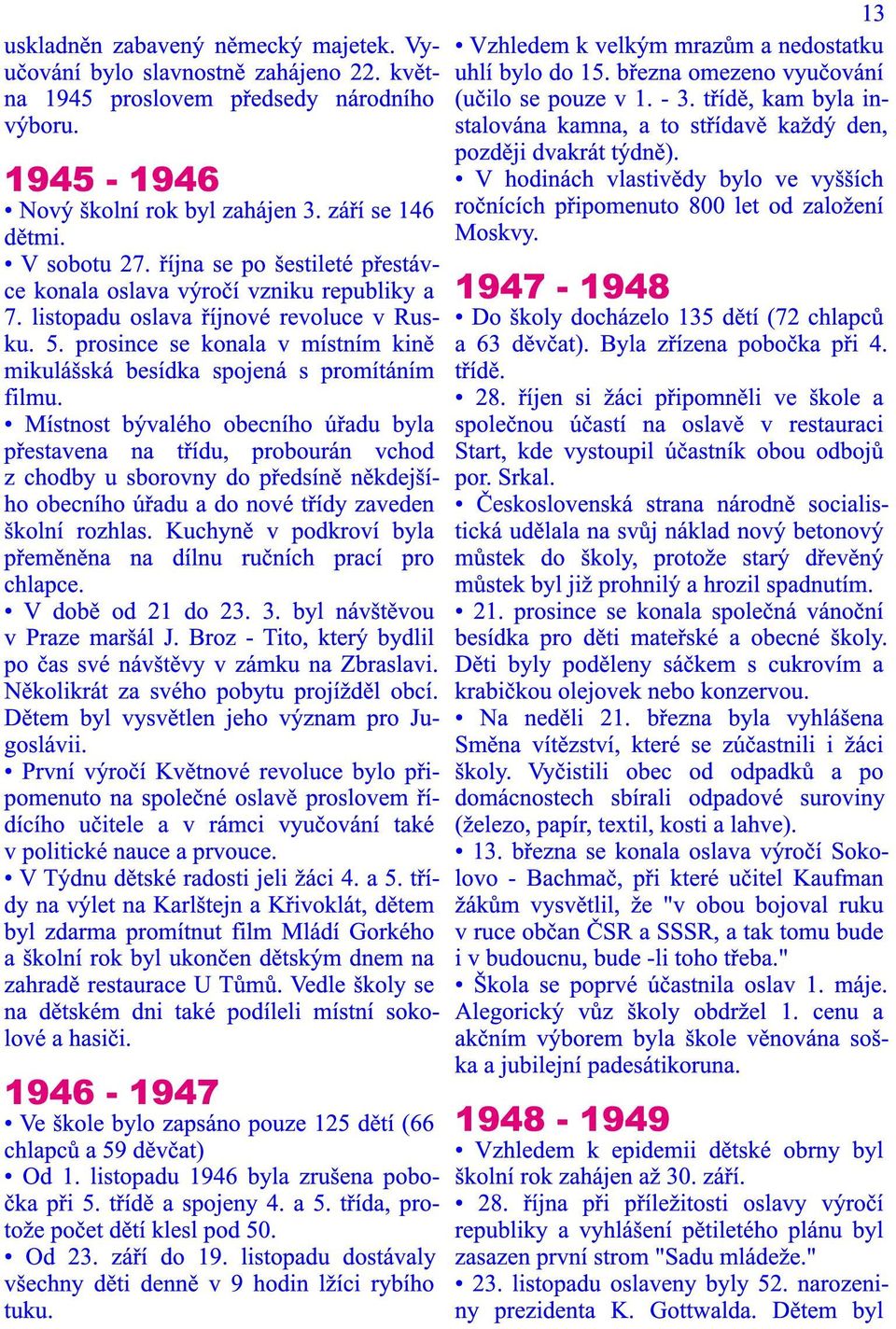 října se po šestileté přestávce konala oslava výročí vzniku republiky a 1 947-1 948 7. listopadu oslava říjnové revoluce v Rus- Do školy docházelo 135 dětí (72 chlapců ku. 5.