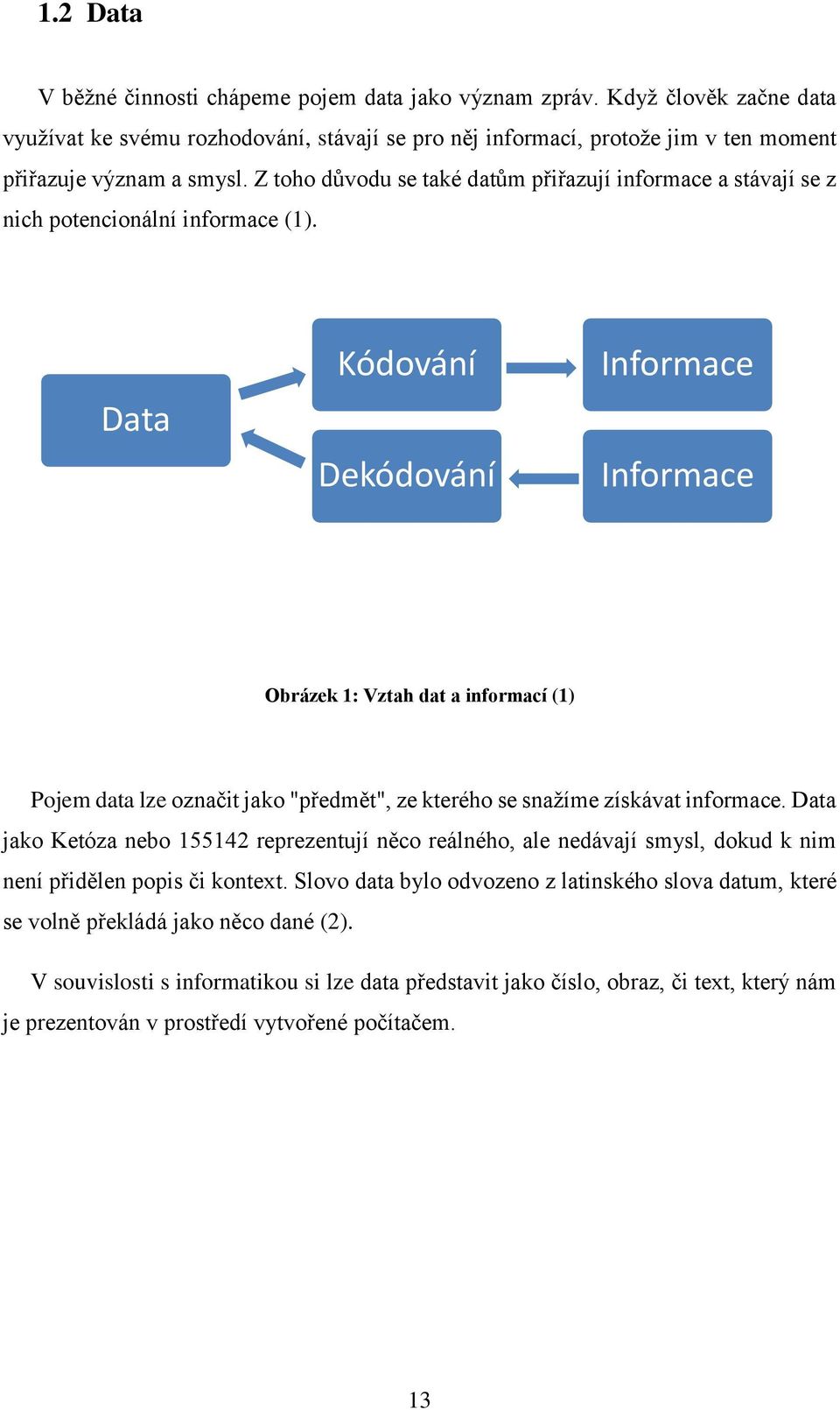 Data Kódování Dekódování Informace Informace Obrázek 1: Vztah dat a informací (1) Pojem data lze označit jako "předmět", ze kterého se snažíme získávat informace.