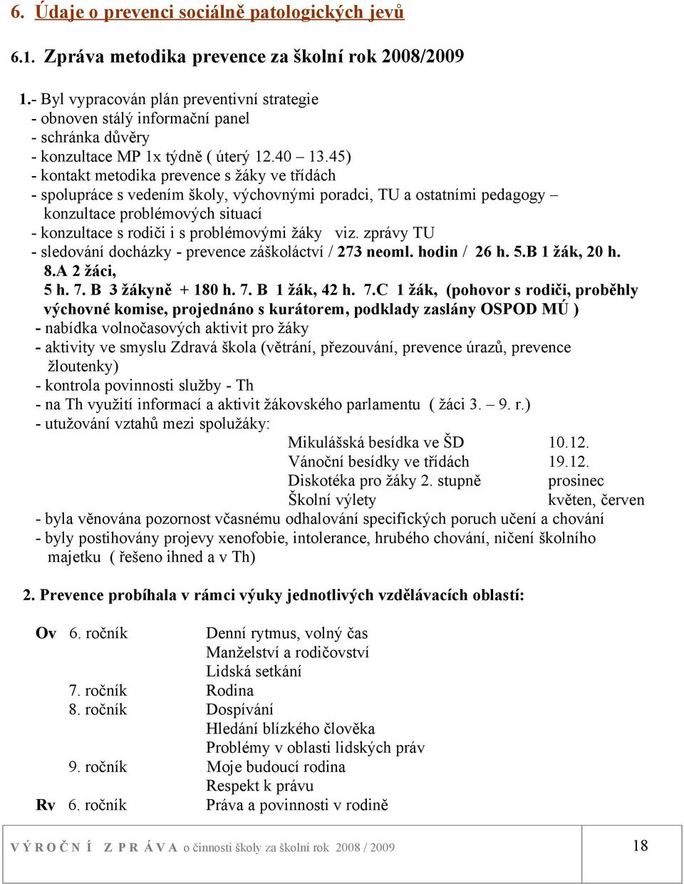 45) - kontakt metodika prevence s žáky ve třídách - spolupráce s vedením školy, výchovnými poradci, TU a ostatními pedagogy konzultace problémových situací - konzultace s rodiči i s problémovými žáky