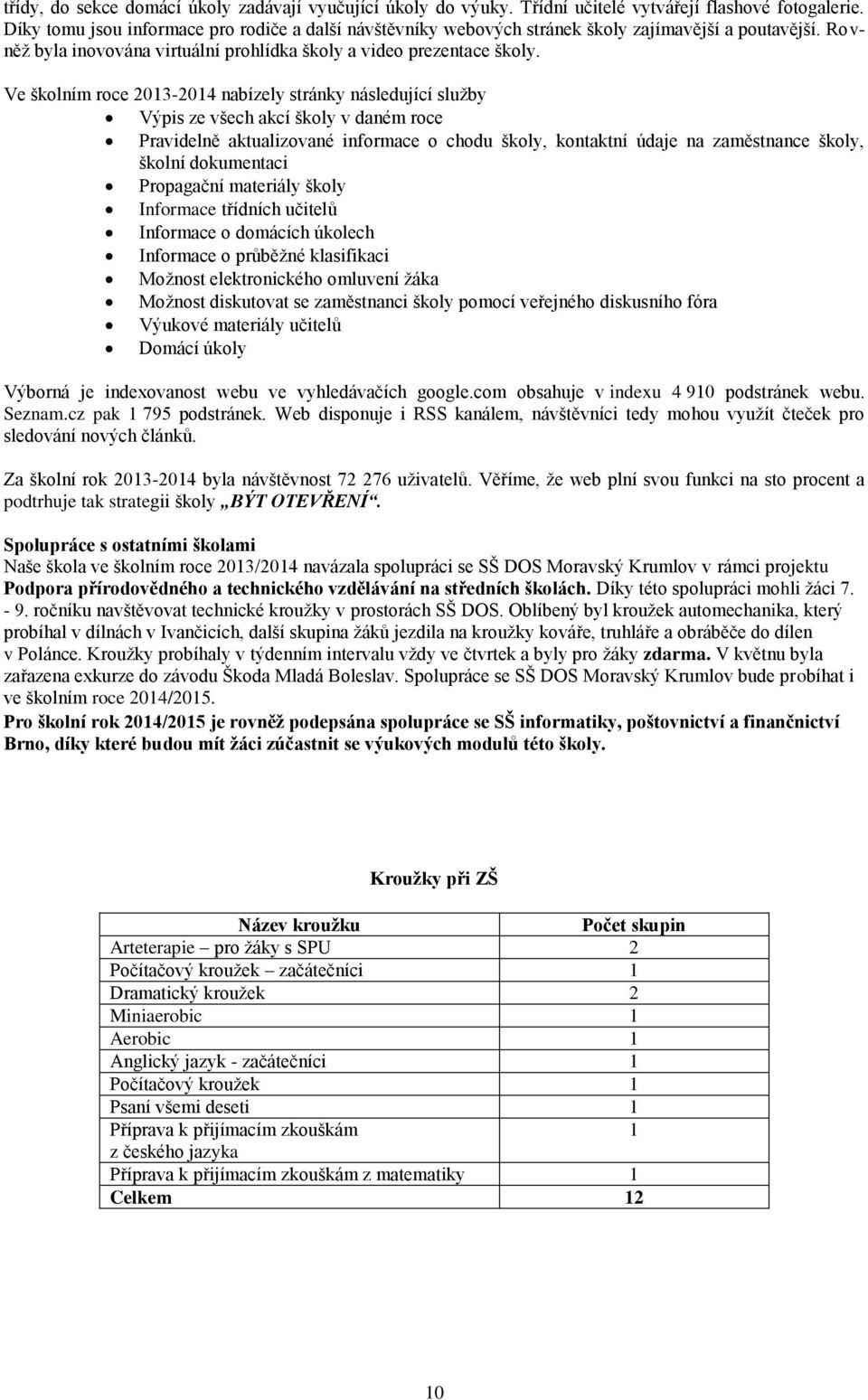 Ve školním roce 2013-2014 nabízely stránky následující služby Výpis ze všech akcí školy v daném roce Pravidelně aktualizované informace o chodu školy, kontaktní údaje na zaměstnance školy, školní