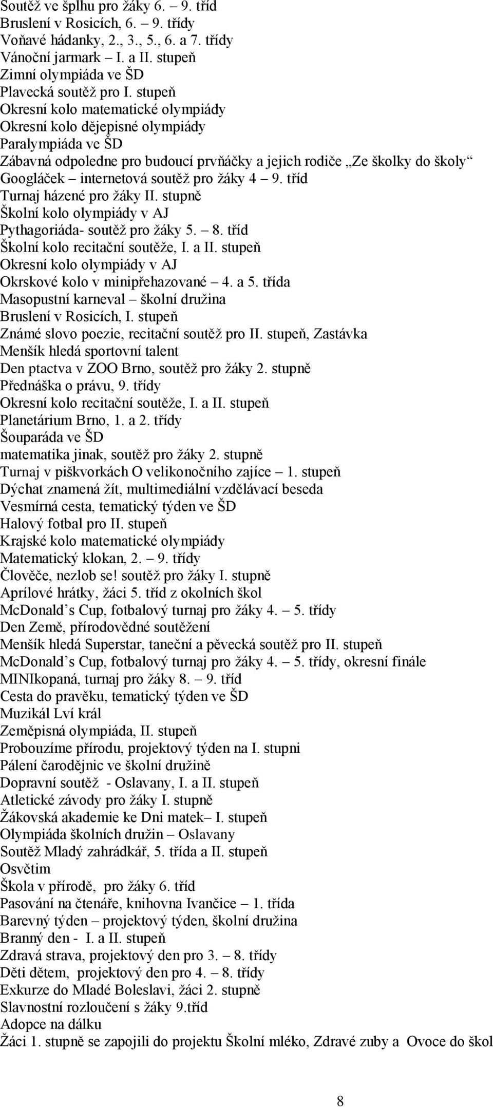 pro žáky 4 9. tříd Turnaj házené pro žáky II. stupně Školní kolo olympiády v AJ Pythagoriáda- soutěž pro žáky 5. 8. tříd Školní kolo recitační soutěže, I. a II.