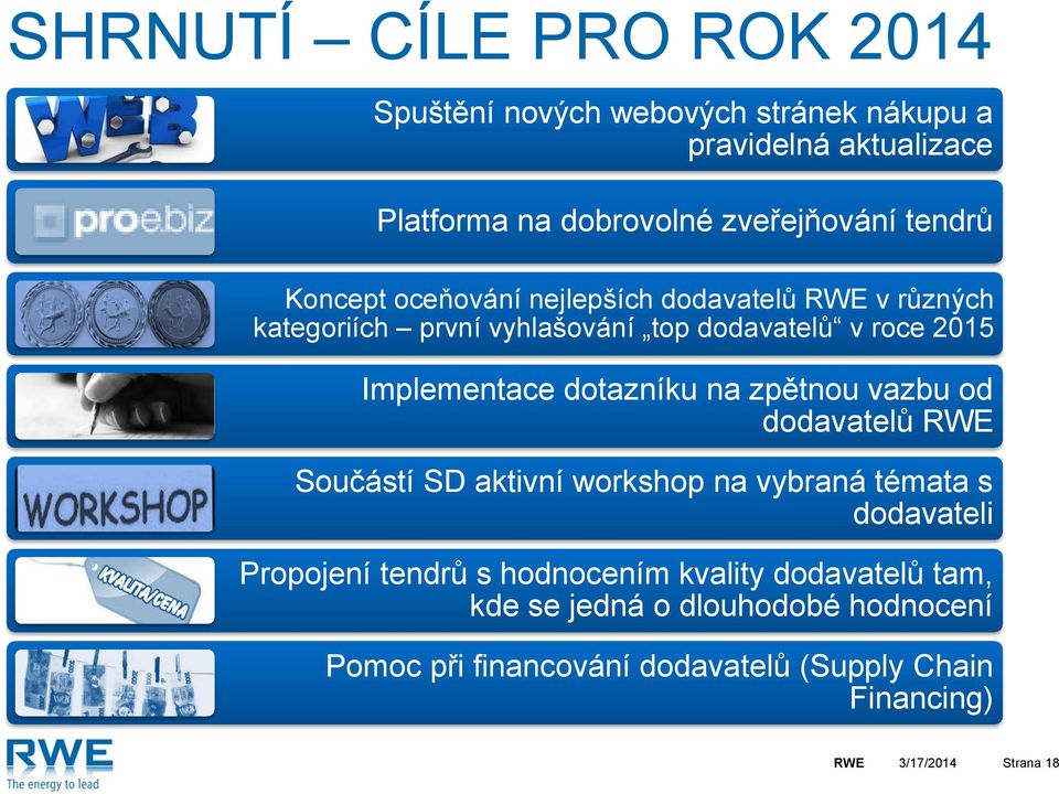 dotazníku na zpětnou vazbu od dodavatelů RWE Součástí SD aktivní workshop na vybraná témata s dodavateli Propojení tendrů s