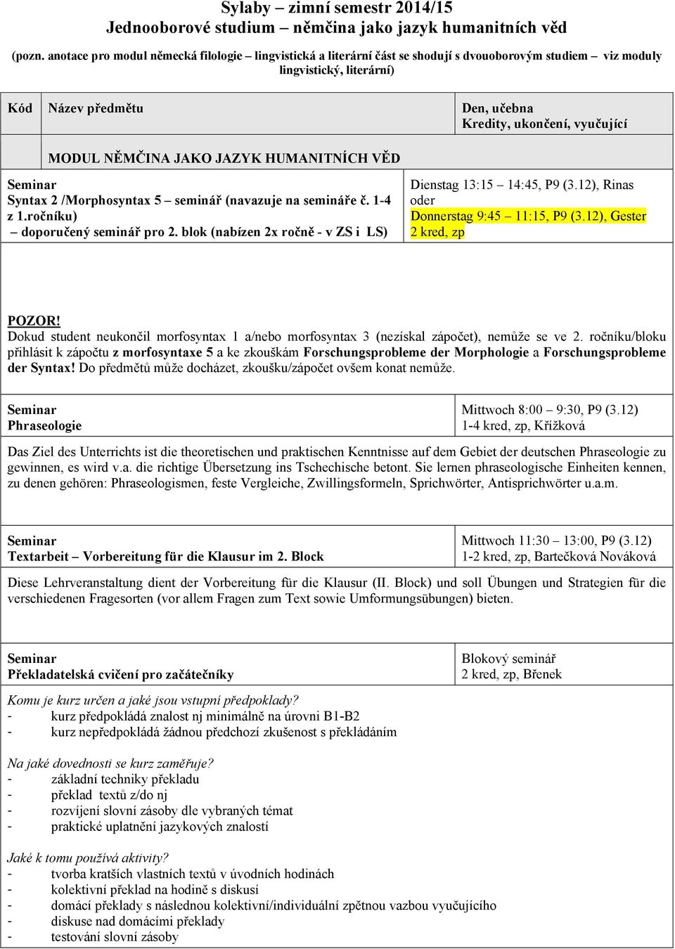 MODUL NĚMČINA JAKO JAZYK HUMANITNÍCH VĚD Syntax 2 /Morphosyntax 5 seminář (navazuje na semináře č. 1-4 z 1.ročníku) doporučený seminář pro 2.