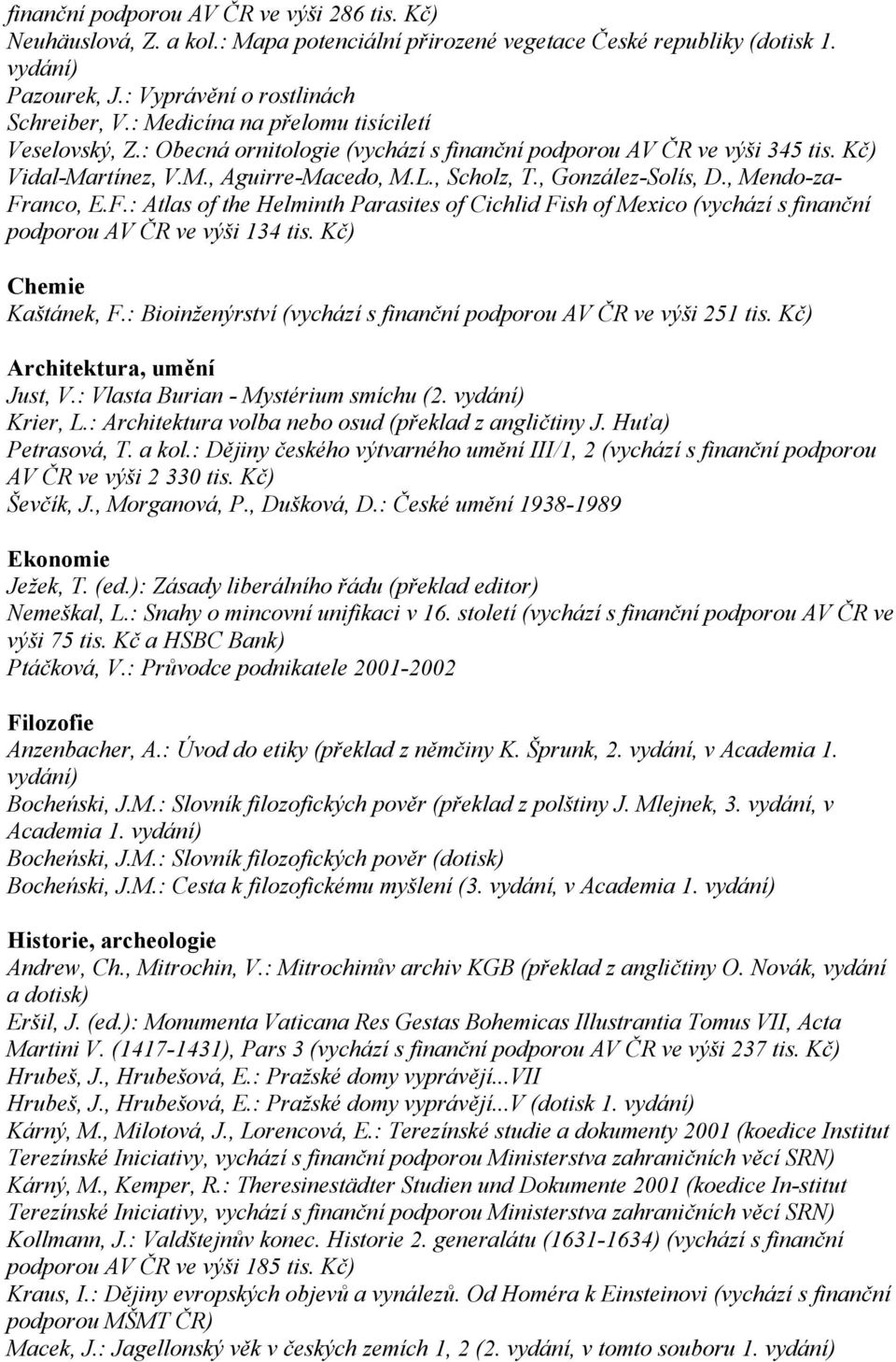 , Mendo-za- Franco, E.F.: Atlas of the Helminth Parasites of Cichlid Fish of Mexico (vychází s finanční podporou AV ČR ve výši 134 tis. Kč) Chemie Kaštánek, F.