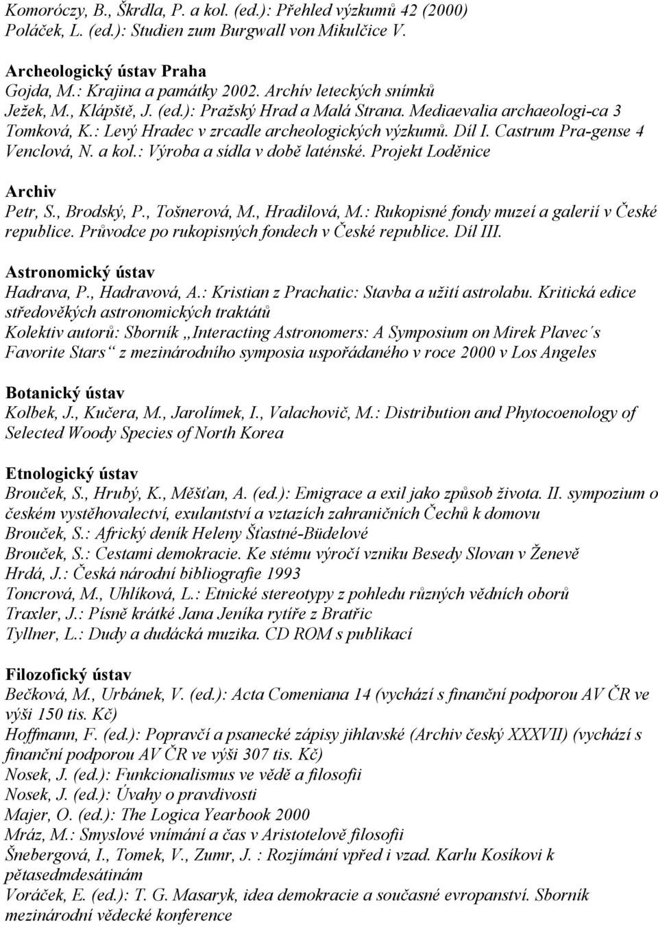 Castrum Pra-gense 4 Venclová, N. a kol.: Výroba a sídla v době laténské. Projekt Loděnice Archiv Petr, S., Brodský, P., Tošnerová, M., Hradilová, M.: Rukopisné fondy muzeí a galerií v České republice.