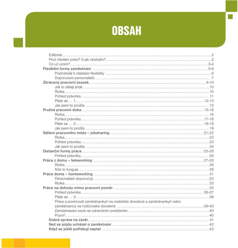 ...18-19 Jak jsem to prožila... 19 Sdílení pracovního místa jobsharing... 21-22 Rizika...22 Pohled právníka...23 Jak jsem to prožila......24 Distanční formy práce... 25-26 Pohled právníka.