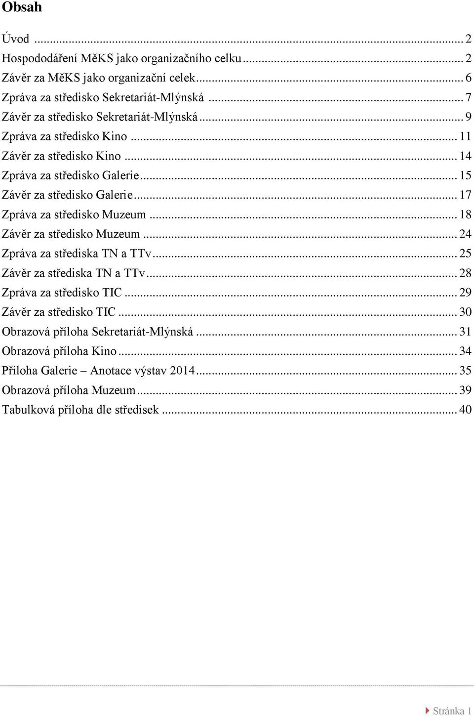 .. 17 Zpráva za středisko Muzeum... 18 Závěr za středisko Muzeum... 24 Zpráva za střediska TN a TTv... 25 Závěr za střediska TN a TTv... 28 Zpráva za středisko TIC.