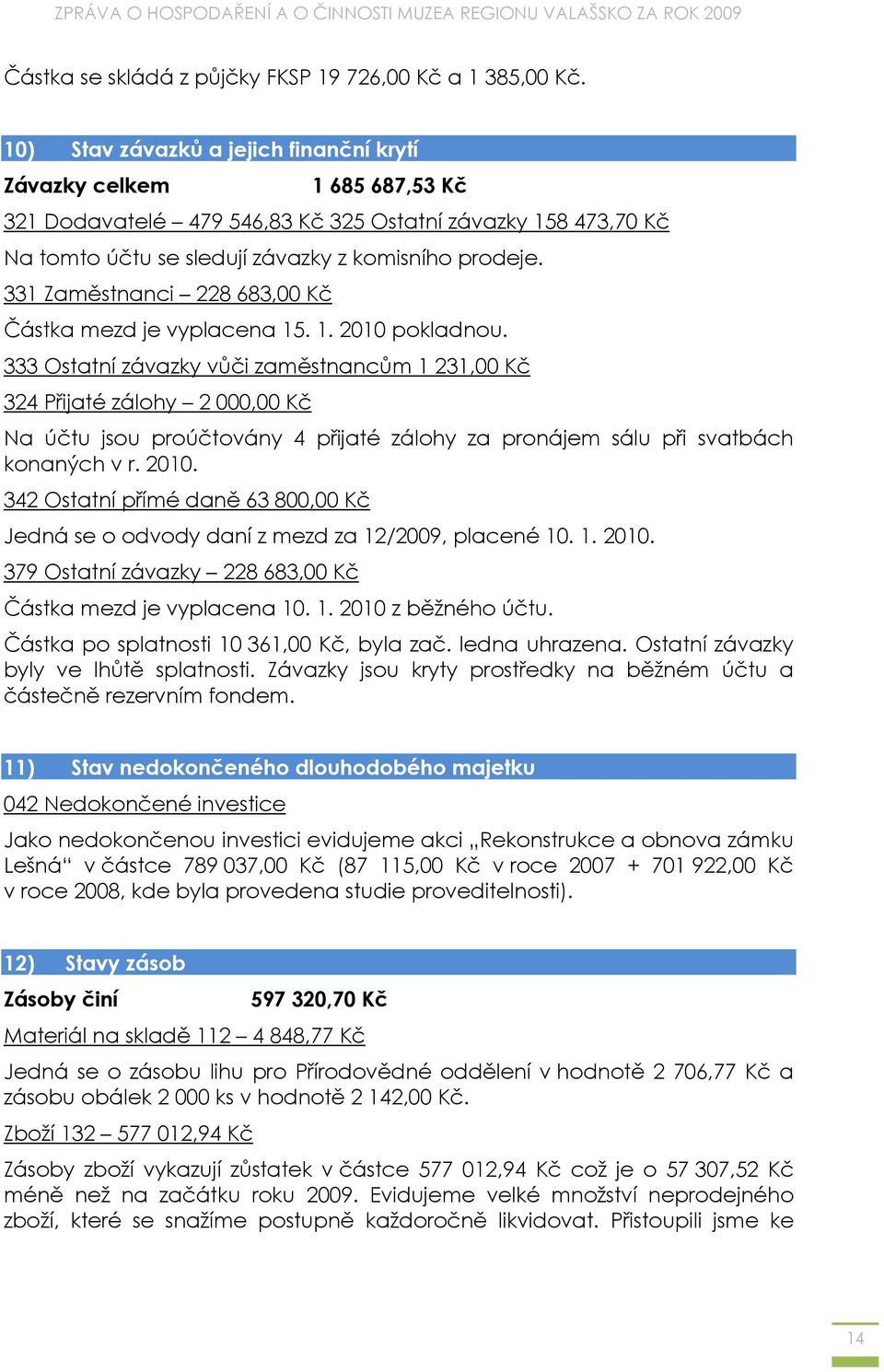 331 Zaměstnanci 228 683,00 Kč Částka mezd je vyplacena 15. 1. 2010 pokladnou.