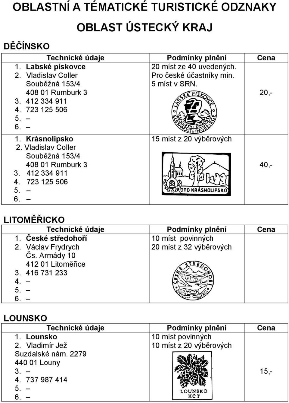 Vladislav Coller Souběžná 153/4 408 01 Rumburk 3 3. 412 334 911 4. 723 125 506 5. 6. 15 míst z 20 výběrových 40,- LITOMĚŘICKO Technické údaje Podmínky plnění Cena 1. České středohoří 2.