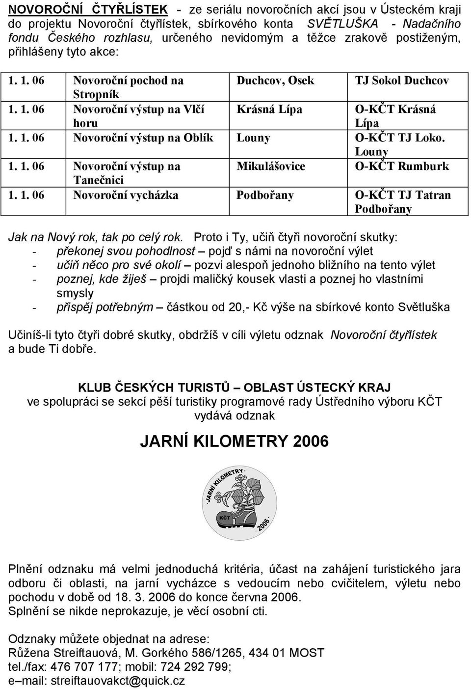 Louny 1. 1. 06 Novoroční výstup na Mikulášovice O-KČT Rumburk Tanečnici 1. 1. 06 Novoroční vycházka Podbořany O-KČT TJ Tatran Podbořany Jak na Nový rok, tak po celý rok.